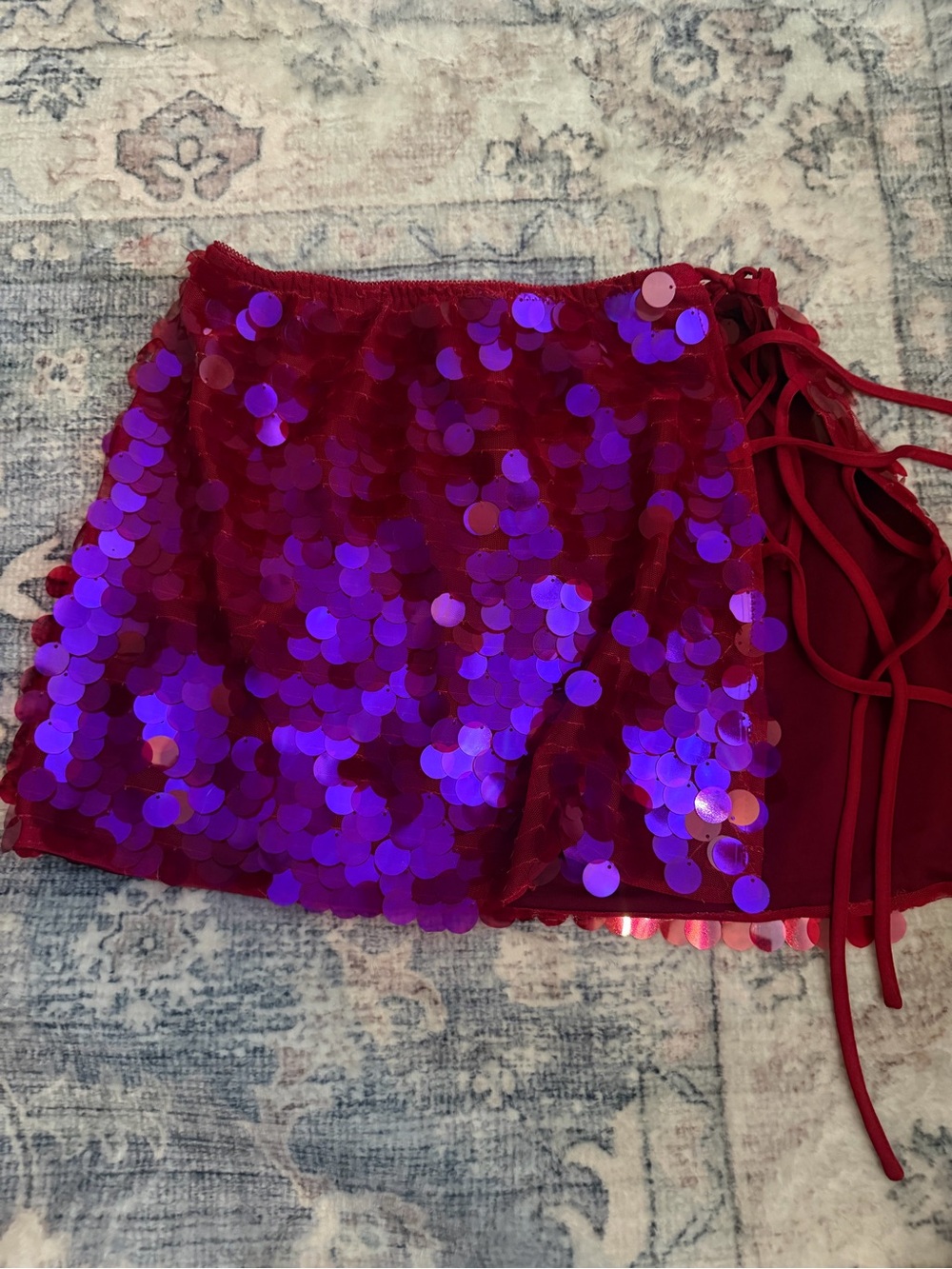 SHEIN Red Sequin Mini Skirt with Side Lace-Up Detail